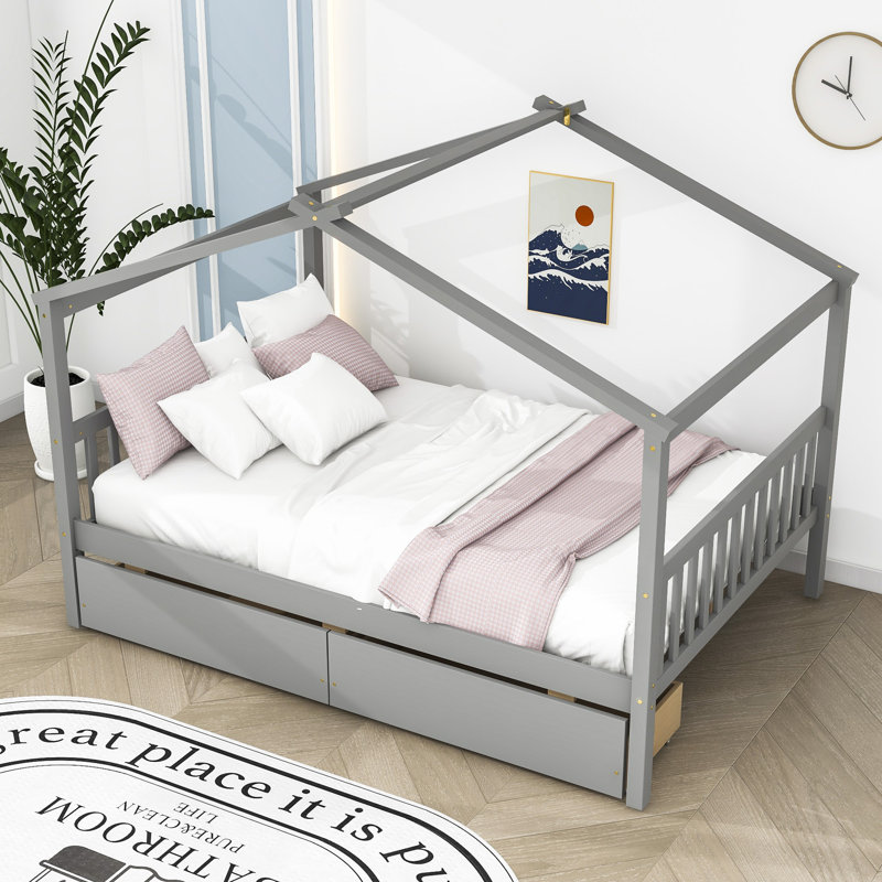 Souris Wood Daybed with 2 Big Drawers, Gray, Full