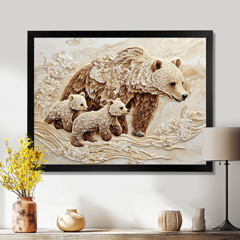 Décoration murale mère ours et oursons I, Reproduction encadrée d'une seule photo sans pass, Noir, H 12 po x l 20 po