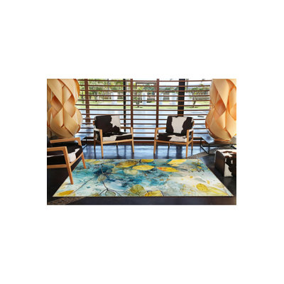 Tapis lavable à motif floral bleu glacier et jaune