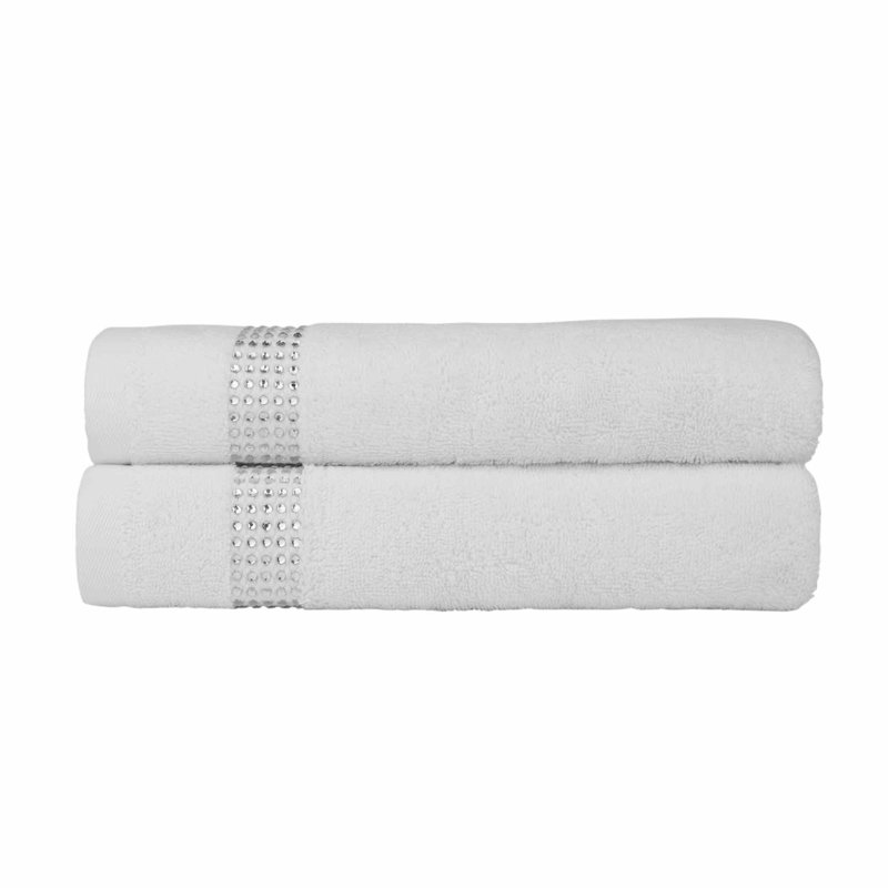 Sparkles Home Stripe Rhinestone Hand Towel Set of 2 | 100% Turkish Cotton Terry | Machine Washable, White