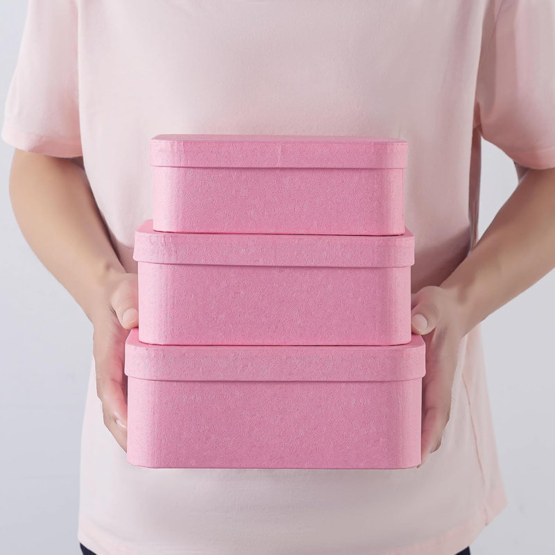 Set Of 3 Textured Pink Boxes With Rounded Edges, Decorative Cardboard Boxes With Lids, Nesting Gift Storage, Large Paperboard Containers For Organizing And Keepsakes