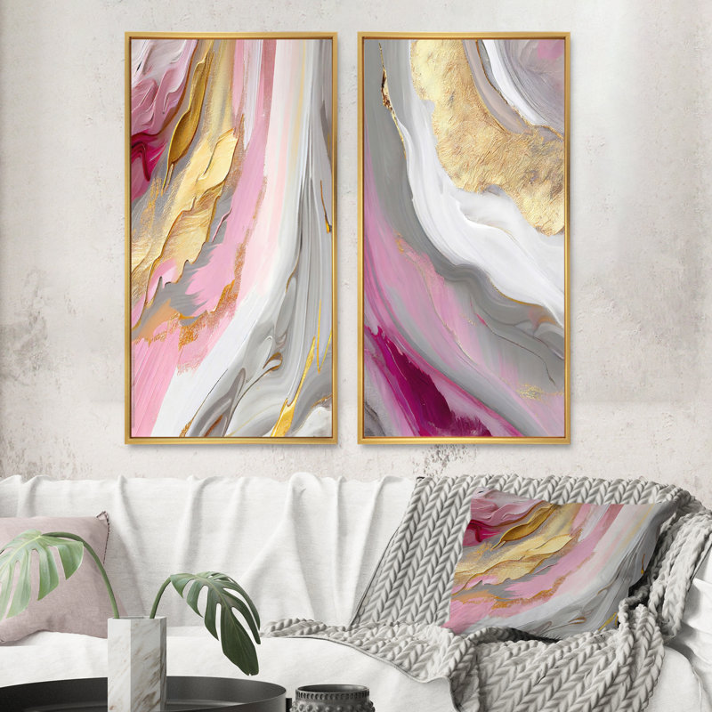 «Pink and Gold Marble Abstract VI», 2 pièces sur toile, Encadrement doré, H 40 po x l 40 po