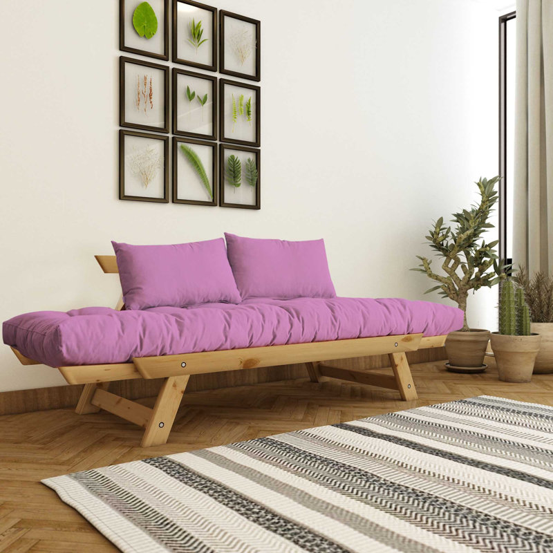 Convertible Pine Wood 2-Seat Outdoor Sofa With Waterproof Linen Cushions, Natural, Pink