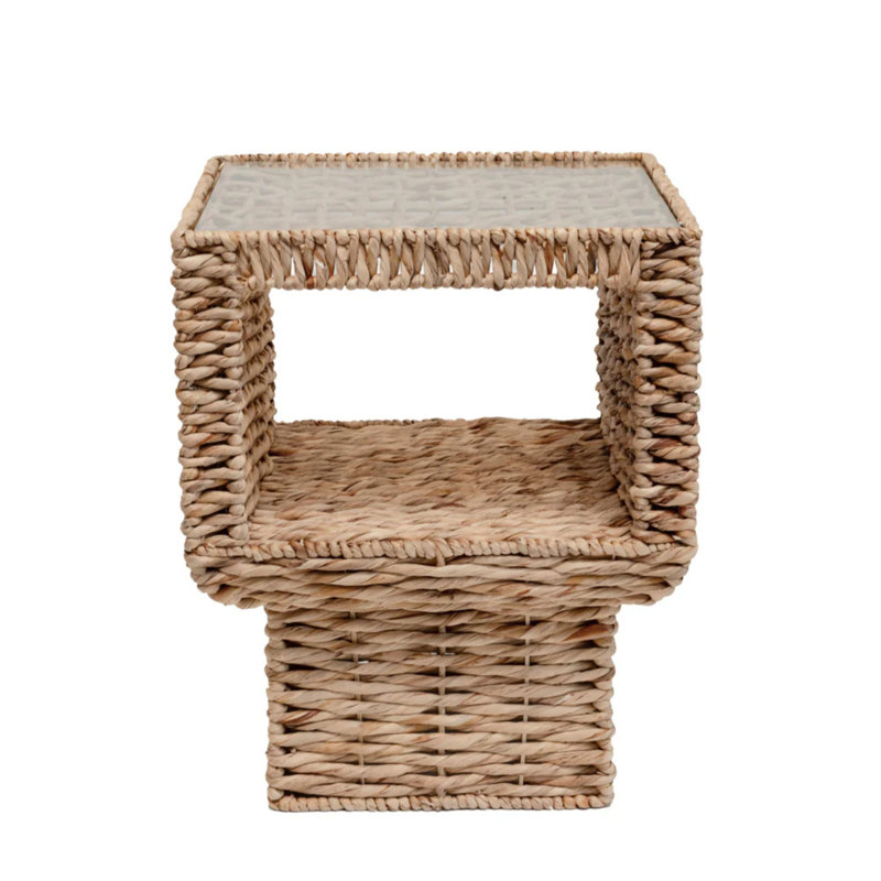 Geometric Woven Side Table With Glass Top