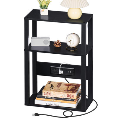 3-Tier Small Narrow Wood Side Table with Charging Station, Skinny Nightstand for Small Space, Slim Bedside Table with Storage for Couch, Thin End Table with USB Ports and Outlets