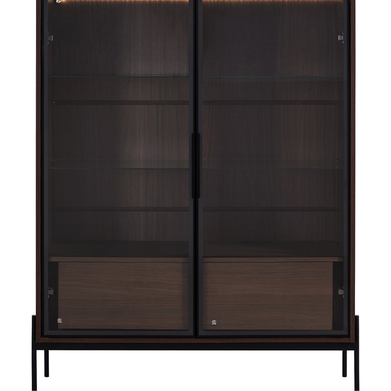 Tempered Glass Display Cabinet With Led Lights. Modern Minimalist For Study Room. Metal Legs, . 4 Adjustable Shelves, 2 Drawers, Black + Dark Walnut Shelf Lighting. Style Area.