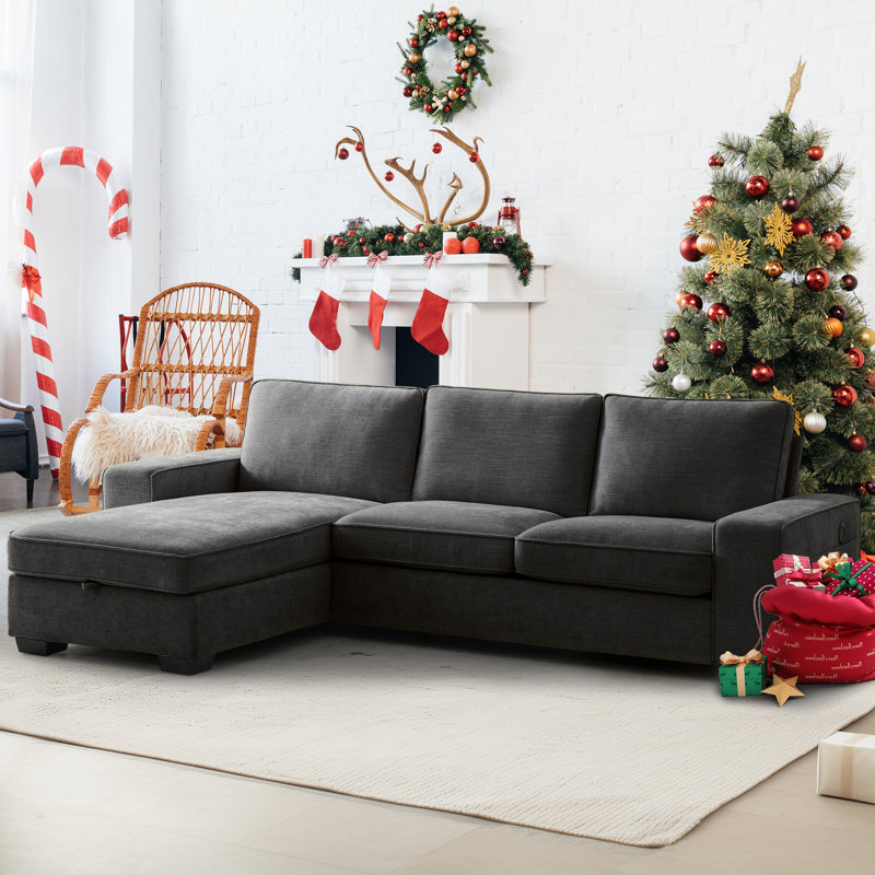 Mahwah 98'' Chenille Square Arm Sofa L-Shape Convertible Sectional Couches Sofas with Storage Chaise, Dark Gray