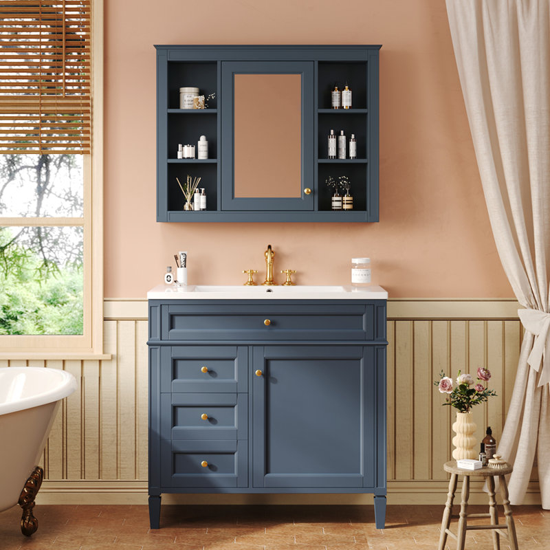 Meuble-lavabo 36 po avec armoire à pharmacie, Bleu, Or