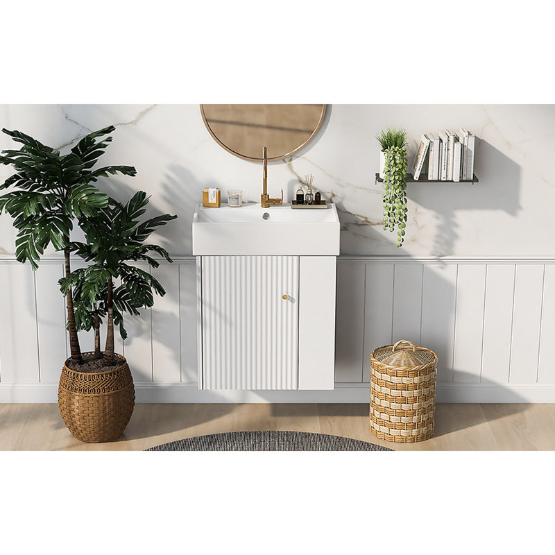 Meuble-lavabo flottant moderne de 21,6 po avec lavabo en céramique - parfait pour les petites salles de bain, rangement à droite