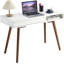 Bureau moderne blanc avec tiroirs, bureau d'écriture en bois avec casier de rangement ouvert