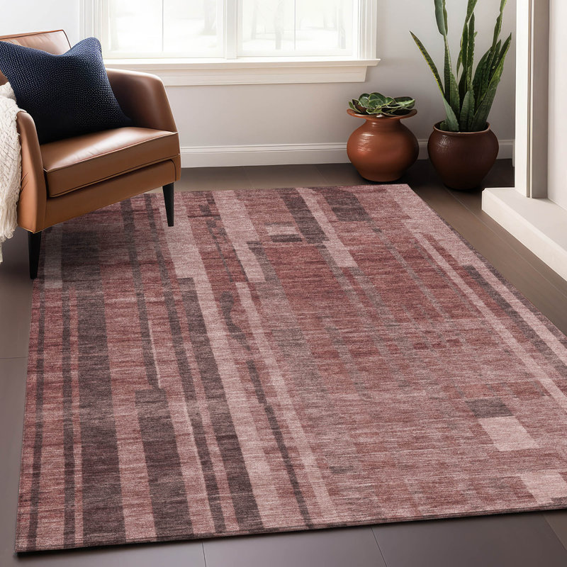 Paprika and White Synthetic Striped Washable Rug, 3' x 5'
