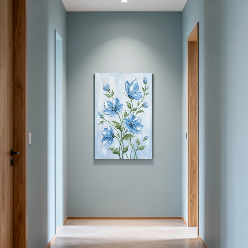 Plantes et fleurs fleurs bleues sur fond bleu clair, H 16 po x l 24 po