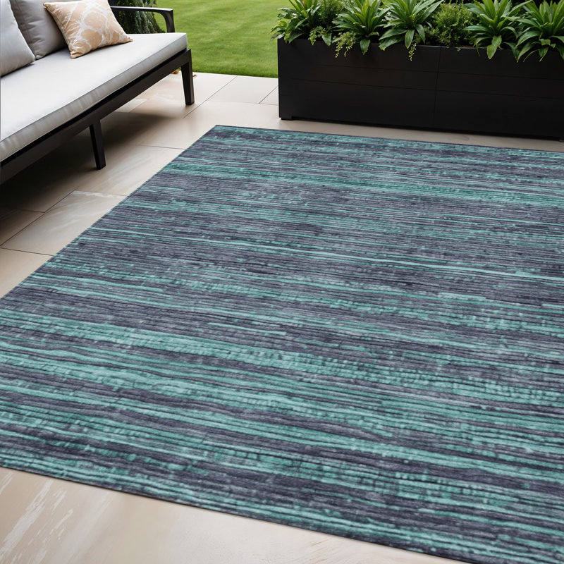 Tapis extérieur lavable rayé bleu sarcelle et gris 5 pi x 8 pi