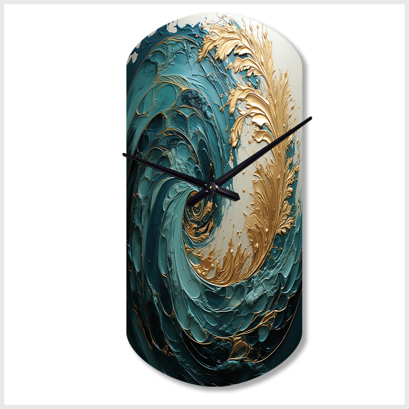 Gold Teal Ocean Spiral V - Cylinder Shape Large Abstract Spirals 3D Wall Clock, Small