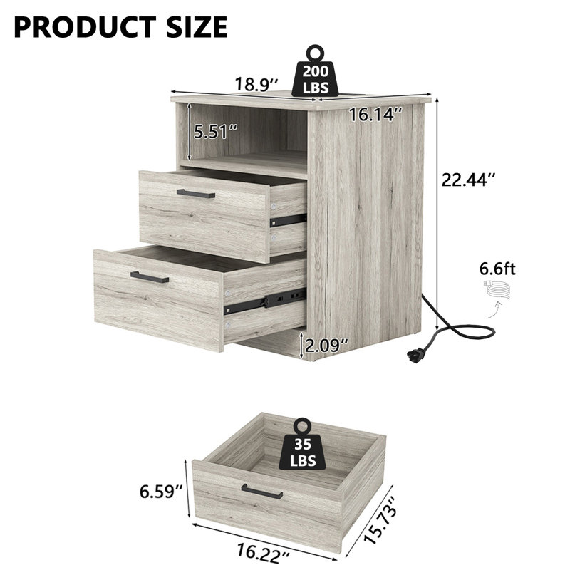 Grey 2 Drawer Modern Nightstand Large Storage With USB C And AC Outlets For Easy Charging