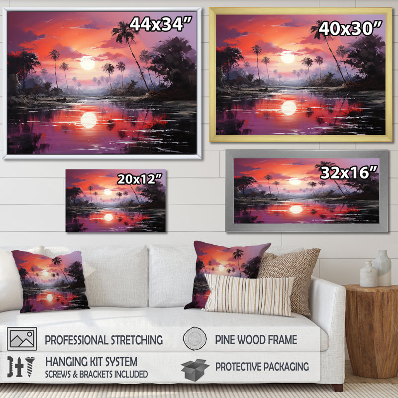 Lavande lagon au coucher du soleil sur toile, Cadre photo blanc, H 34 po x l 44 po x P 1,5 po