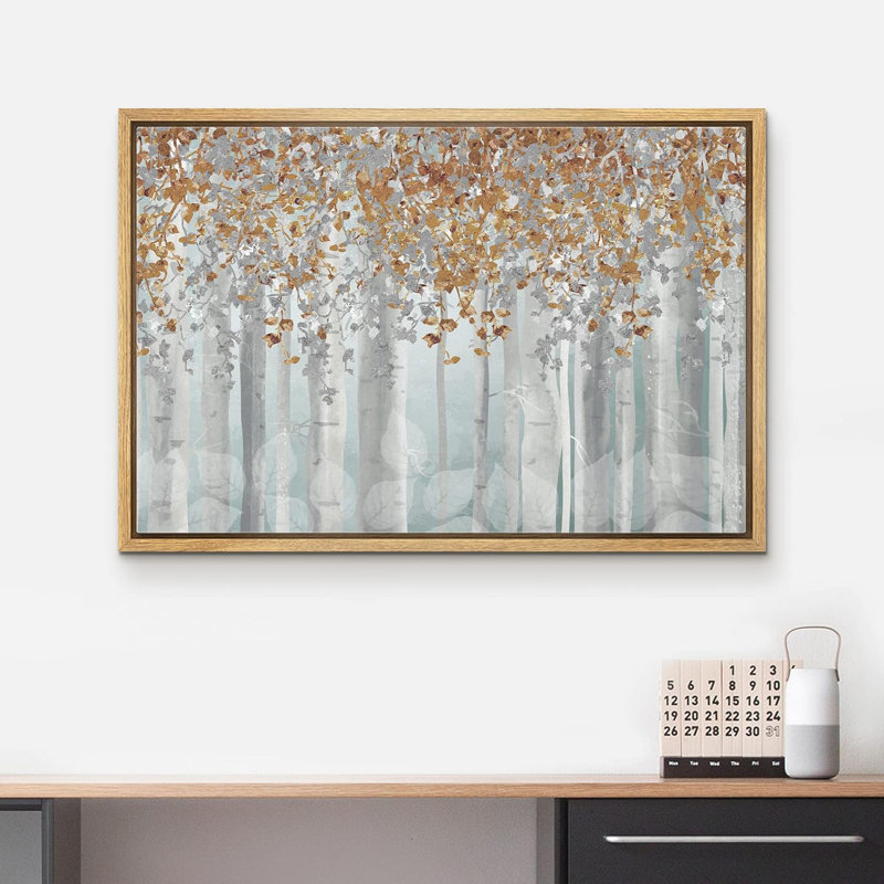 Brown, White & Blue Birch Tree Forest Collage Nature Wilderness Mixed Media Art Rustic Landscape, Natural Floater Framed