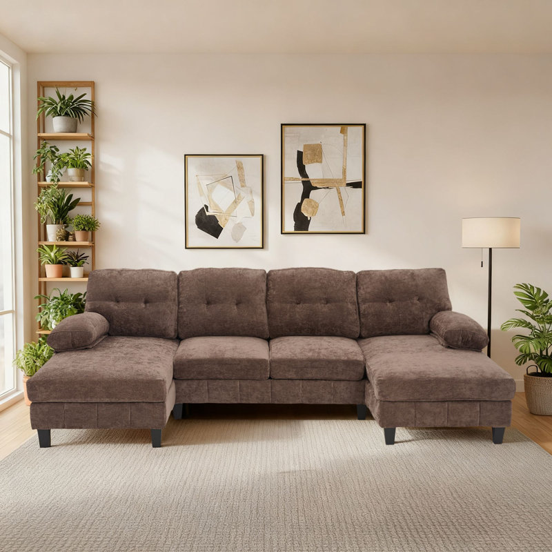 Canapé modulaire classique rembourré en tissu de chenille en forme de U avec poches de rangement, Chenille brun