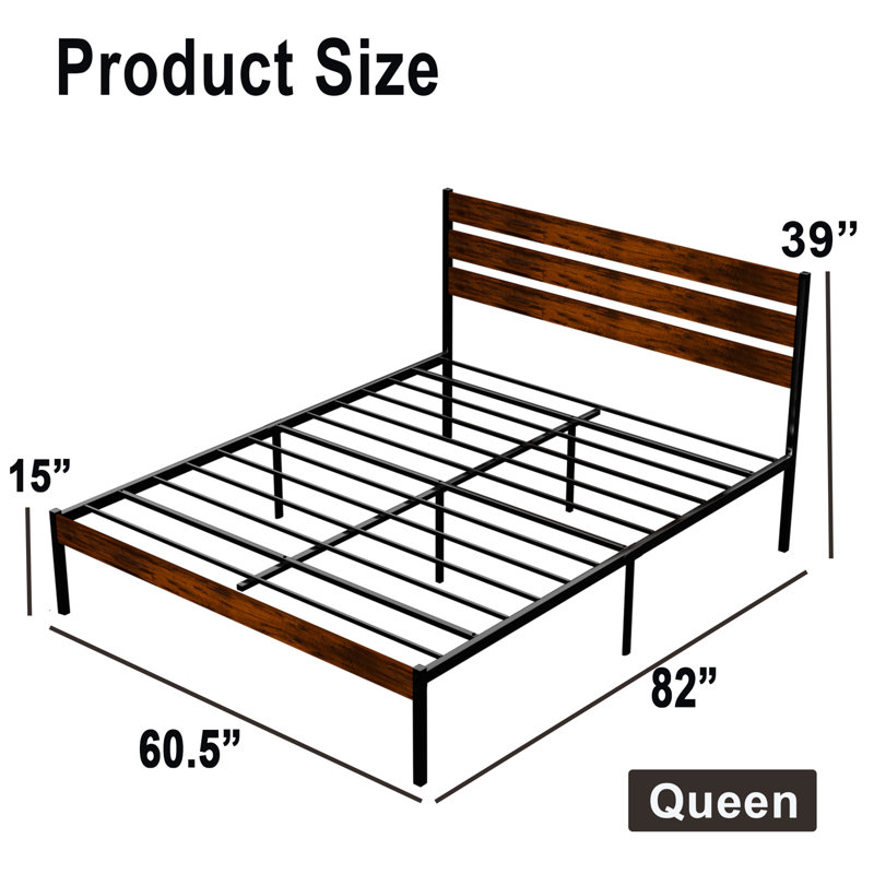 Queen Bed,Iron Platform Bed with Headboard & Storage Space
