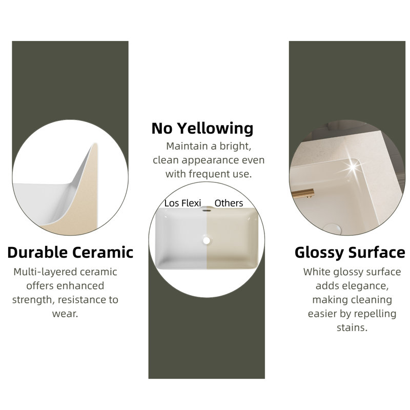 Los Flexi Modern Rectangular Vessel Sink with Overflow – White Ceramic Above Counter Basin for Smaller Bathrooms