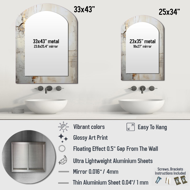 Gris et blanc Nature Split - Miroir décoratif en forme d'arche abstraite sur métal, 34 po x 25 po