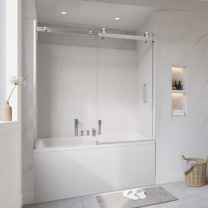 Fast-Assembly 56" - 60" W x 60" H Single Sliding Frameless Tub Door with 3/8" Clear Glass, Nickel