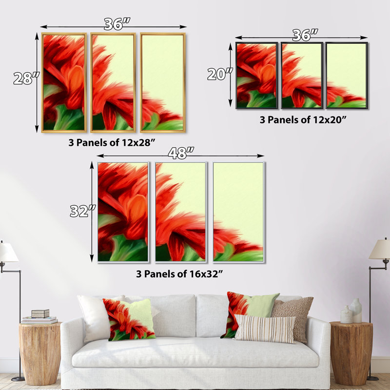 «Red Floral On Green», ensemble d'art mural sur toile encadré traditionnel, Or, H 32 po x l 48 po x P 1 po