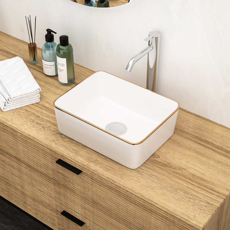 Lavabo vasque rectangulaire moderne en céramique 16 x 12 pouces blanc - teinté, Blanc / Doré, 16"