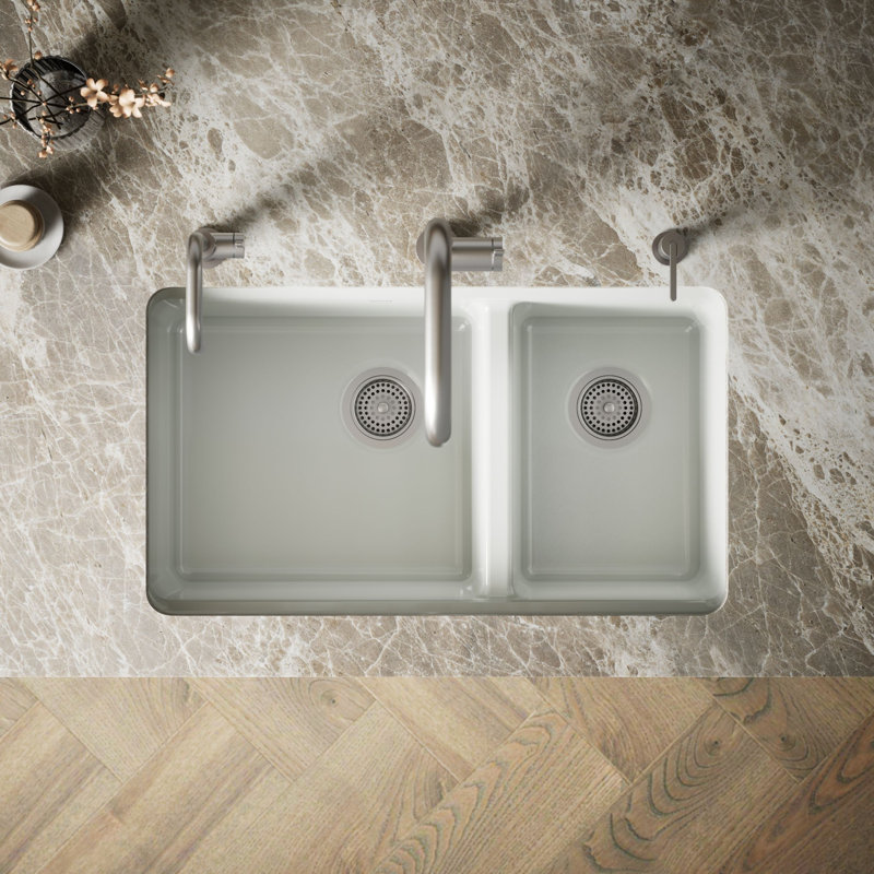 Riverby 33" Enameled Cast Iron Undermount Double Basin Kitchen Sink, Sea Salt