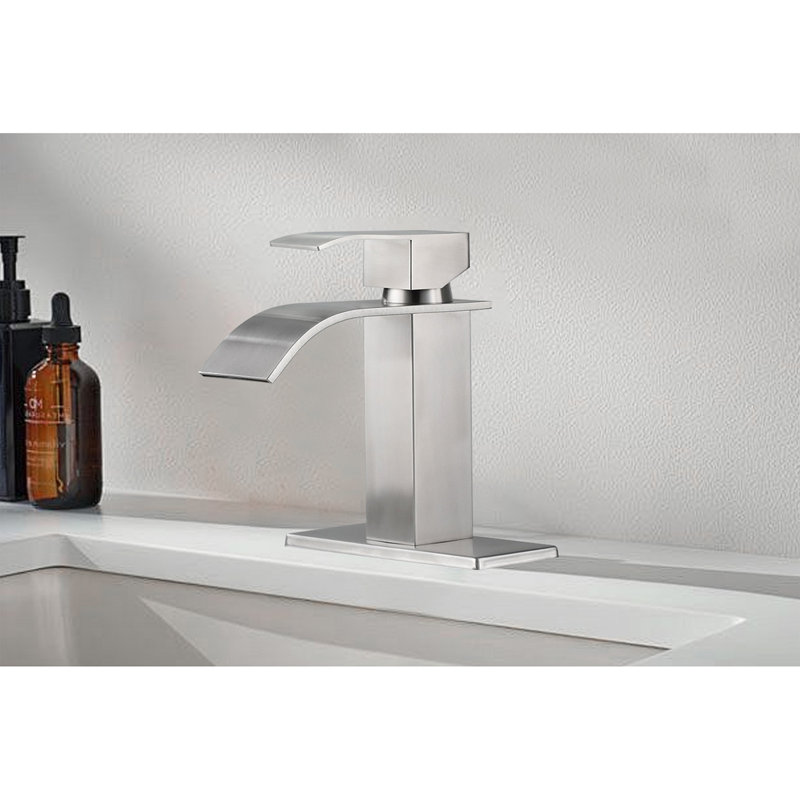 Robinet de lavabo pour salle de bain à poignée simple Waterfall Spout, Nickel brossé