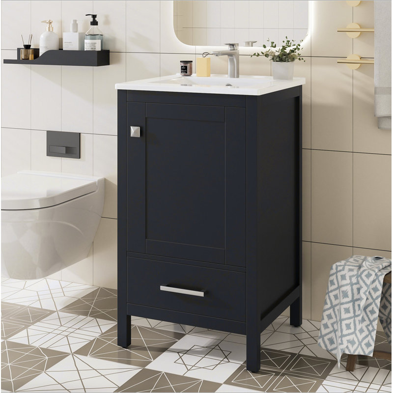Meuble-lavabo moderne de 20 pouces avec lavabo en céramique, tiroir et porte à fermeture en douceur, organisateur de porte double couche, tiroir de séparation, patins réglables - conception de rangement peu encombrante