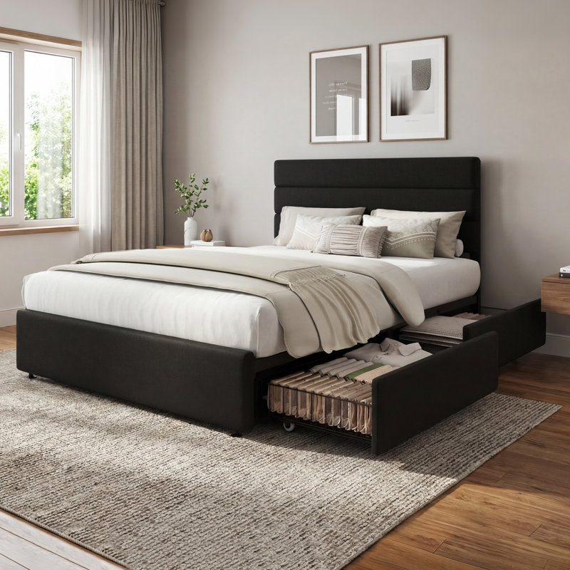 Candler Modern Bed With 4 Drawers And Headboard, Velvet Upholstered Platform Bed, Sturdy Metal & Wooden Slats Support, No Box Spring Needed, Easy Assembly