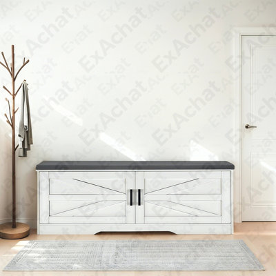 Banc de rangement à 2 niveaux, banc à chaussures de ferme avec coussin d'assise rembourré, banc d'entrée avec 2 portes de grange et 2 tablettes réglables, P 13,75 po x l 39,4 po x H 17,72 po, pour le vestibule, la chambre à coucher, le salon, blanc