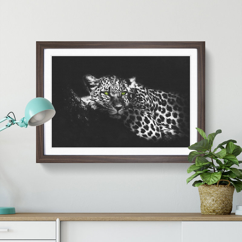 Leopard with Green Eyes High - Picture Frame Graphic Art Print, 45cm H x 63cm W x 2cm D, Walnut Framed