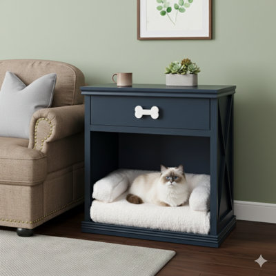 Armoire de rangement compacte de style rétro équipée d'un éclairage à DEL et d'une aire de repos pour animaux, d'une boîte à litière dissimulée derrière le tiroir et d'un compartiment semi-ouvert