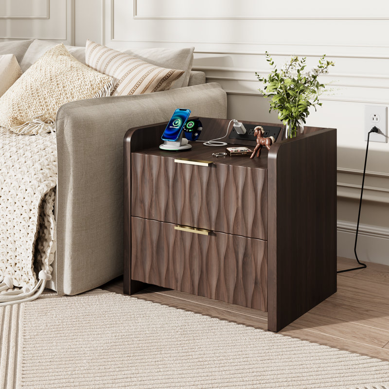  Nightstand Set Of 2, Storage End Table With 2 Drawer Unit, Charging Bedside Table For Bedroom And Living Room, Walnut, Brown