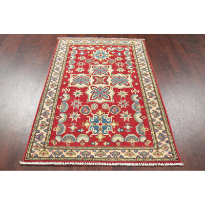 Tapis unique en laine noué à la main Kazak de 3 pi 4 po x 4 pi 11 po rouge Nitzy