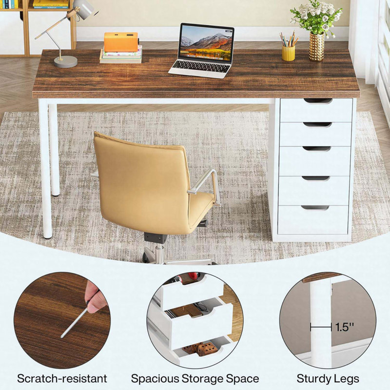 Computer Desk with 5 Drawers, Brown/White