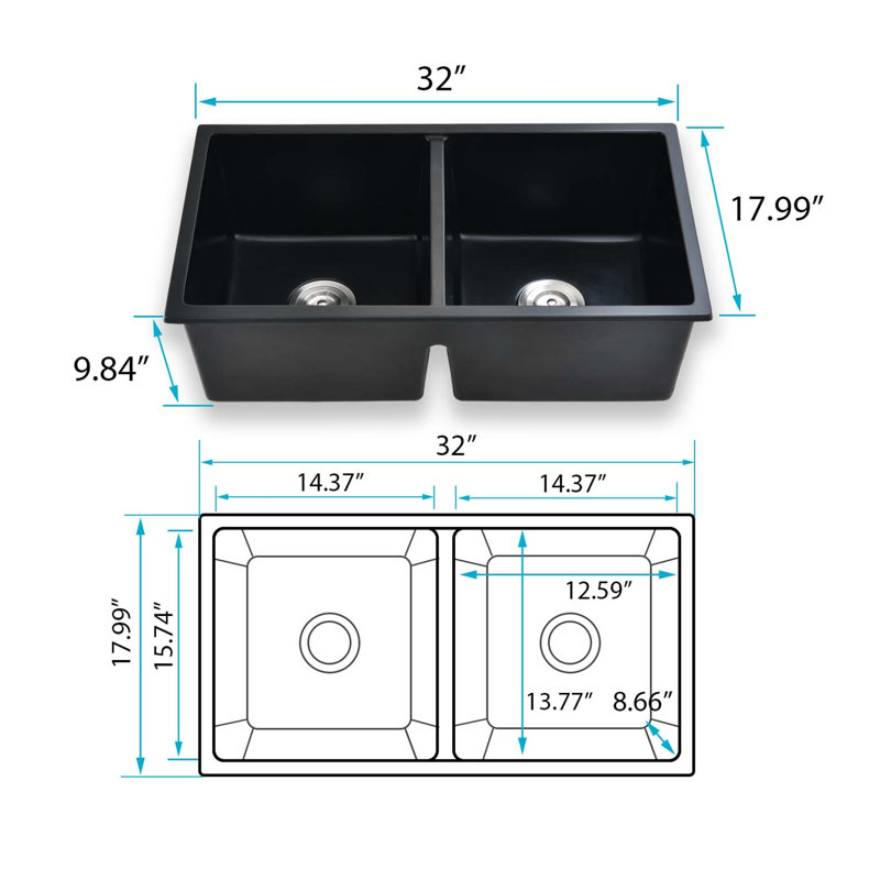 32" L X 18" W Double Bowl Undermount Kitchen Sink With Basket Strainer