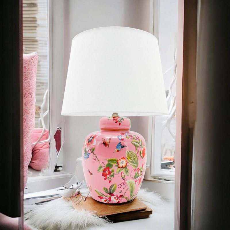 Hani Ginger Jar Table Lamp – Decorative Ceramic Base with Linen Shade Bedside Lamp for Bedroom or Living Room
