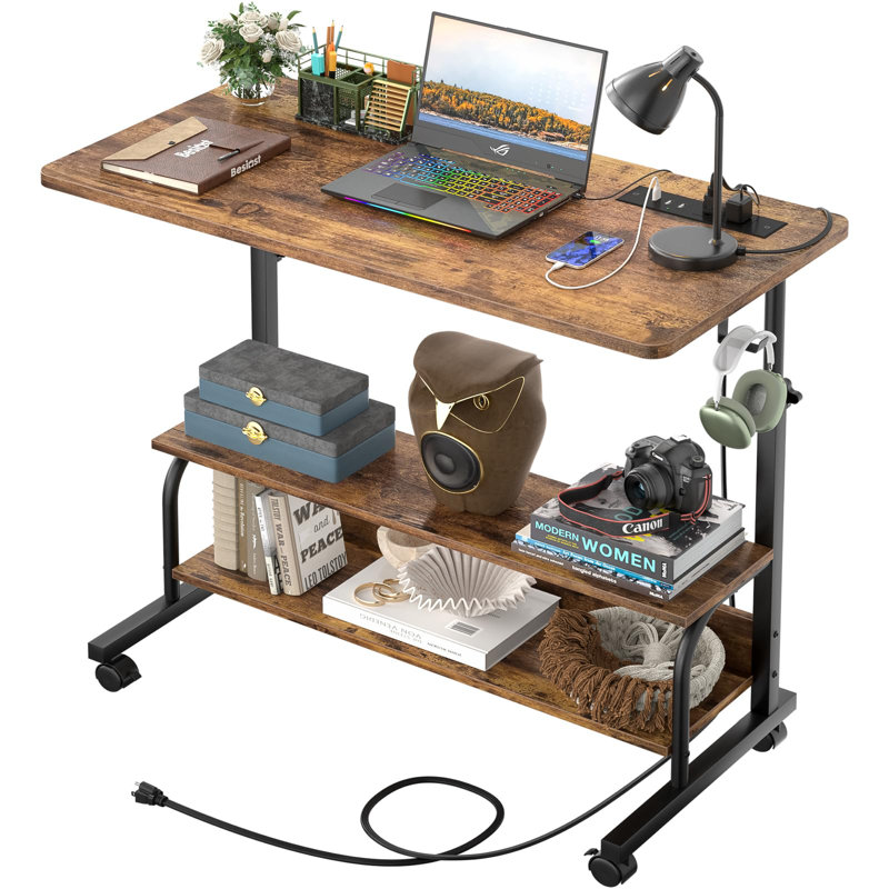 Bureau debout à hauteur réglable 32 "avec prises de courant - Bureau à roulettes manuel à roulettes, Brun rustique / noir