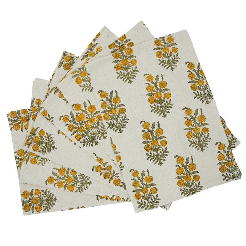 Fabdivine 18X18 Inch Block Print Floral Napkin - Handcrafted Design for Beautiful Tables, Hjara, Yellow