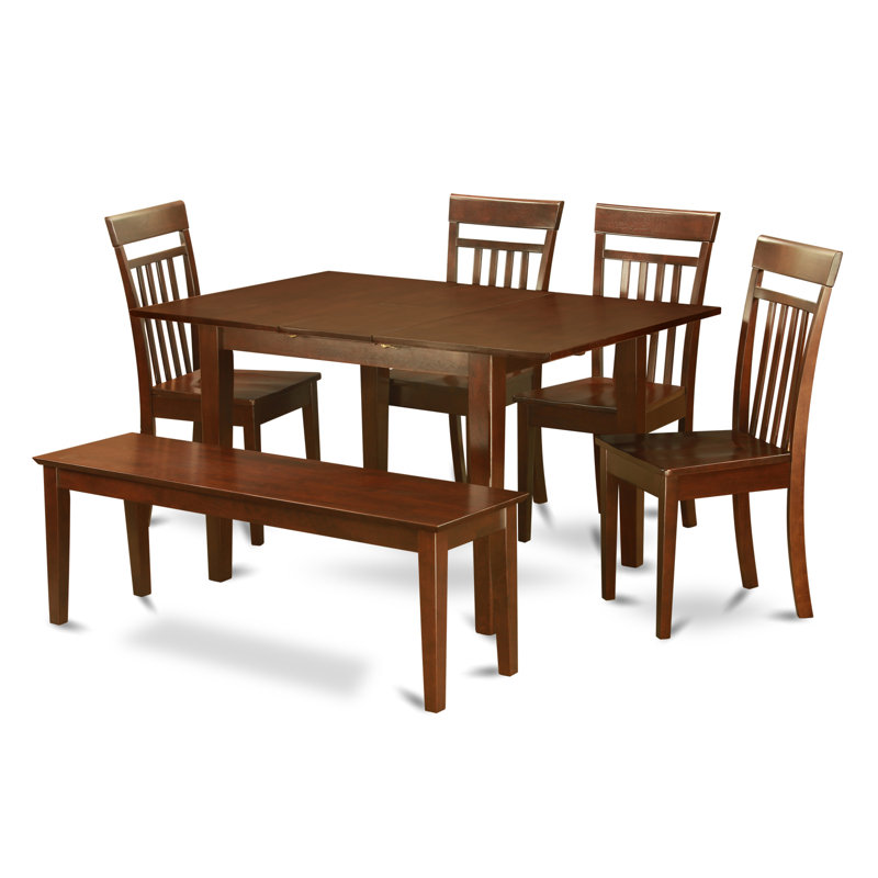 6 Piece Modern Dining Table Set Contains a Rectangle Wooden Table with Butterfly Leaf and 4 Dining Room Chairs with a Bench, Mahogany