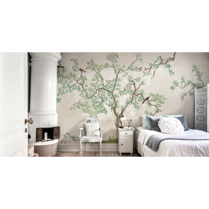 Papier peint beige Wisteria Tree Birds, L 37 po x l 56 po