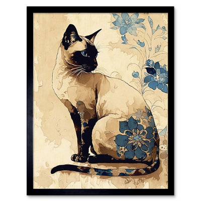 Siamese Cat with Blue Flowers Watercolour and Ink Modern 1 Piece Single Picture Frame Wall Art
