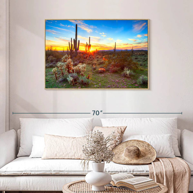 Paysage de désert de Sonora, Cadre flottant en bois naturel, 43 po x 29 po