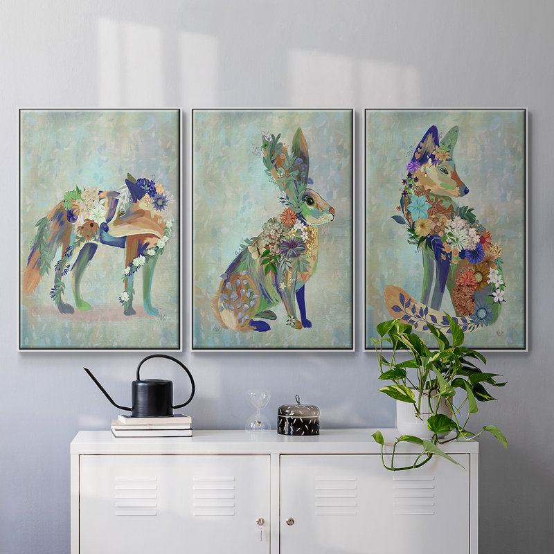 Fantastic Florals Fox, assis, impression sur toile 3 pièces, H 24 po x l 48 po x P 2 po, Blanc