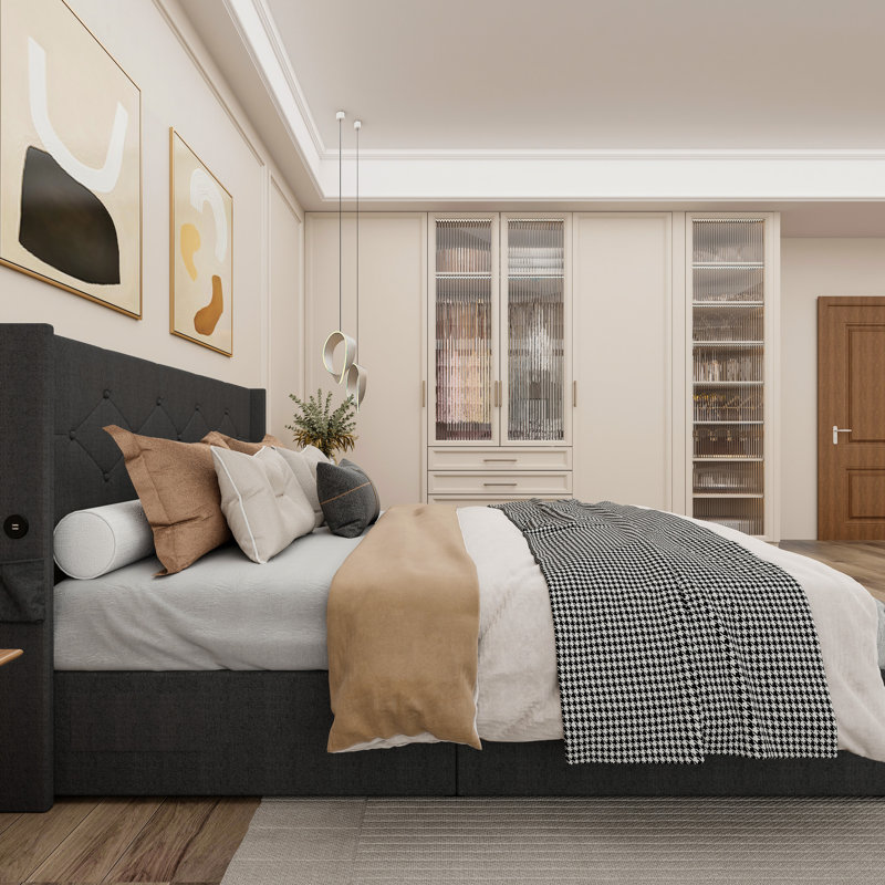 Full Size Storage Bed, Modern Headboard With Gas Lift, Ports, Dark Grey Fabric Bed Wingback, Linen Covering, No Box Spring Required