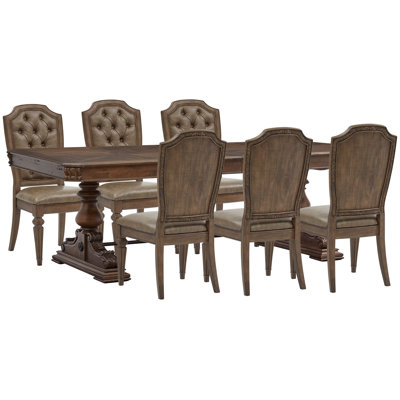 Extendable Trestle Dining Table With 6 Upholstered Side Chairs