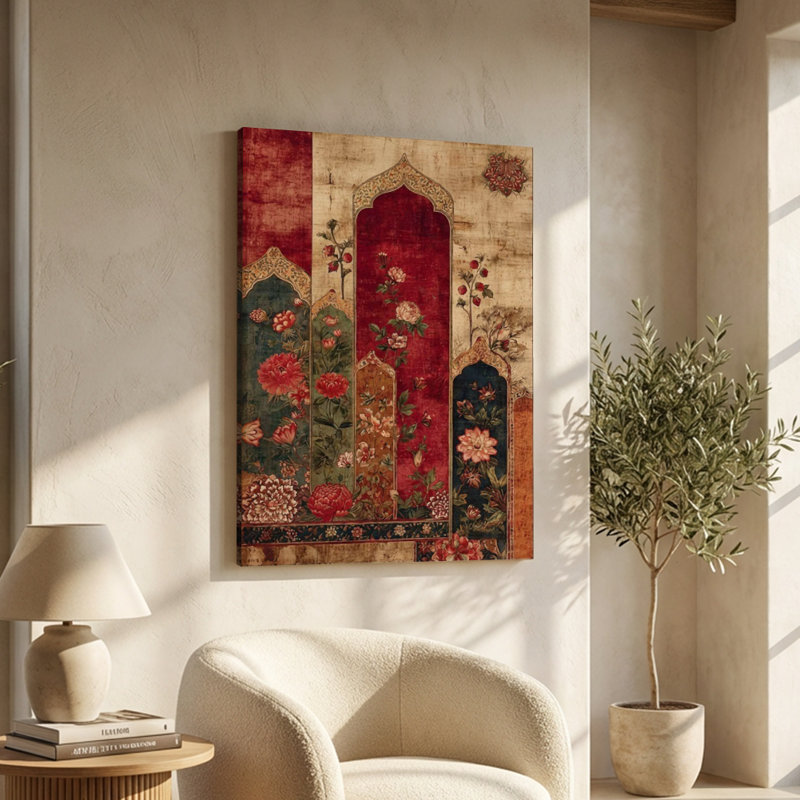 Panneaux botaniques d'inspiration persane avec arches décoratives - Impression d'art mural floral sur toile tendue sur châssis, 91,4 cm (H) x 61 cm (L), prête à être accrochée